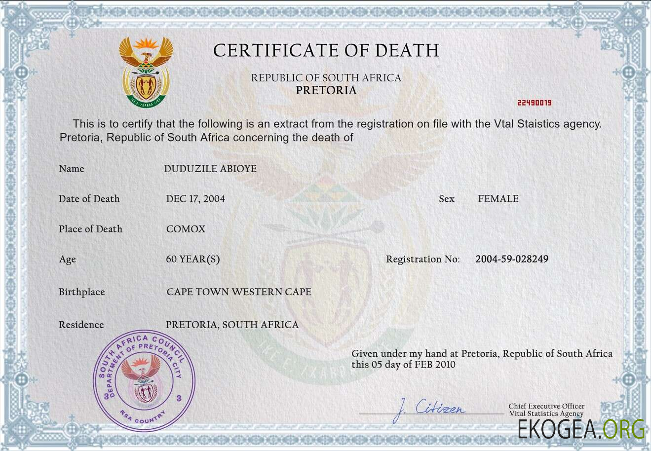 Modèle PSD de certificat de décès en Afrique du Sud